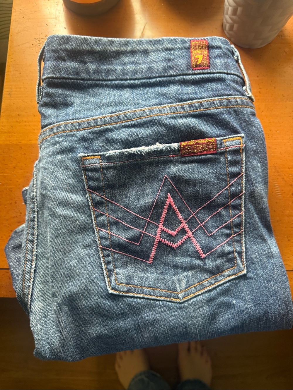 7 For All Mankind Women's Blue Jeans with Pink Embroidery